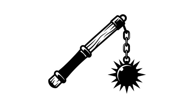 Medieval Flail Weapon, Isolated Black and White Vector