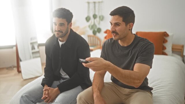 Man points remote at tv while sitting on bed in bedroom, hand extended holding the clicker; relaxed friendship.