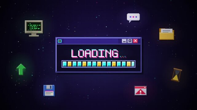 Pixel art loading screen with retro computer icons in space