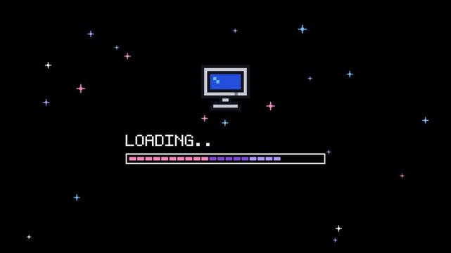 Retro computer boot screen fills a loading bar against a solid black background in 4K