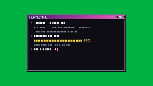 Dark retro terminal window types generic command lines on a keyable green screen