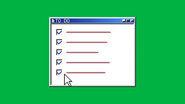 Retro checklist window ticks off task boxes one by one on a clean green screen