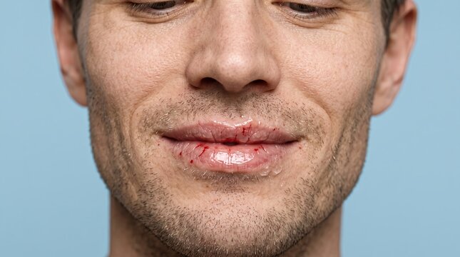 Close up of male mouth with severely chapped peeling and bleeding dry lips
