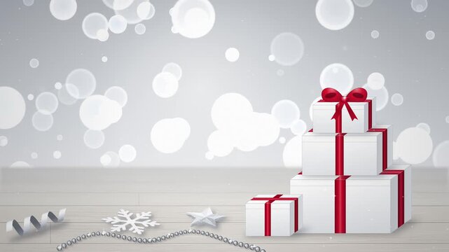 White Christmas presents stack with red ribbons on wooden floor background