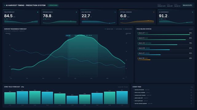 Artificial intelligence harvest timing prediction dashboard with crop data analytics in, for smart, precision, yield forecasting on 4k, farms