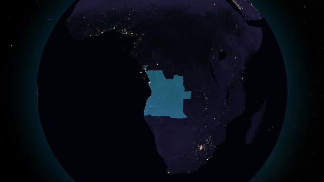Angola night globe. City lights, zoom, spin, outline glow, pullback, ring reveal for Angola. Elements of the animation furnished by NASA.