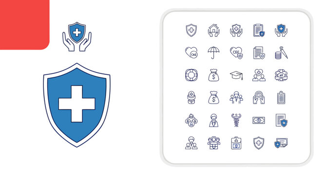 Healthcare shield emblem featuring a cross icon with a grid of medical icons in a modern graphic set.