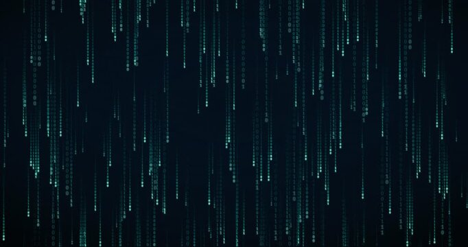 Binary code streams cascade down in a mesmerizing teal circuit animation, creating a deep tunnel effect.