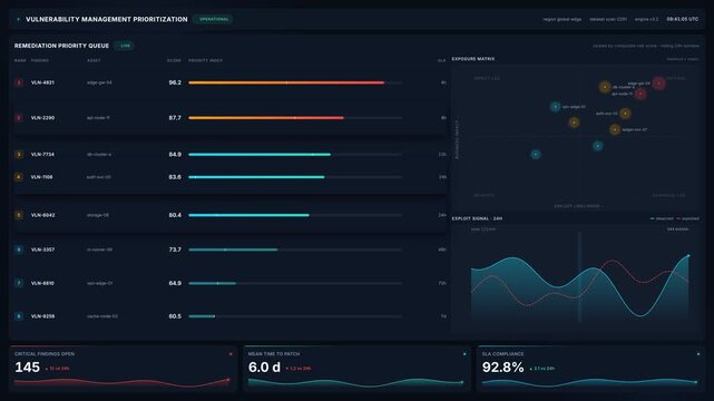 Security vulnerability management prioritization dashboard with risk scores remediation queue, for threat detection, patching, compliance, 4k security analytics