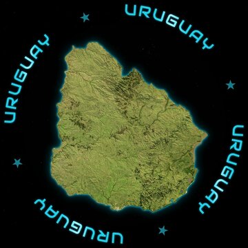 Uruguay Satellite Map from Space with Circular Country Title and Cyan Neon Glow. Elements derived from NASA imagery and NASADEM Global Elevation Model.