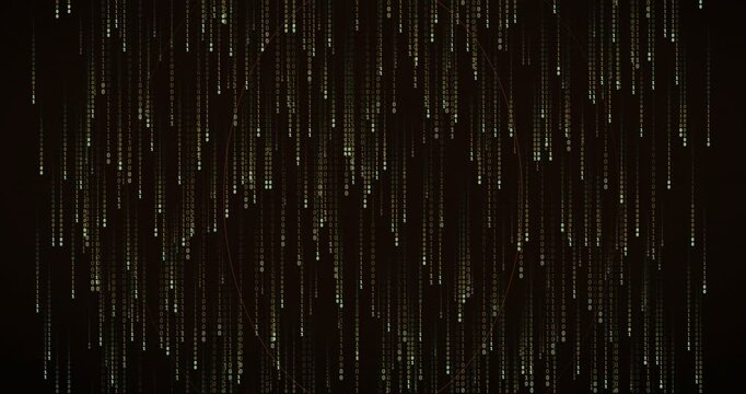 Animated matrix rain video featuring dense amber binary digits cascading in a layered parallax tunnel with controlled terminal glow and slow fall.