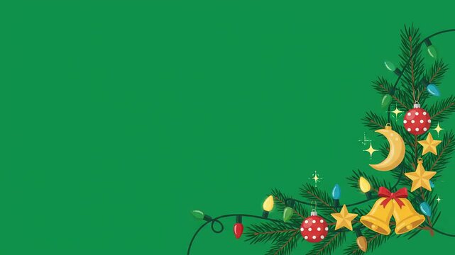 Animated Christmas tree branch decoration with twinkling fairy lights, glowing ornaments, golden bells and stars on a green background for holiday greeting card designs.