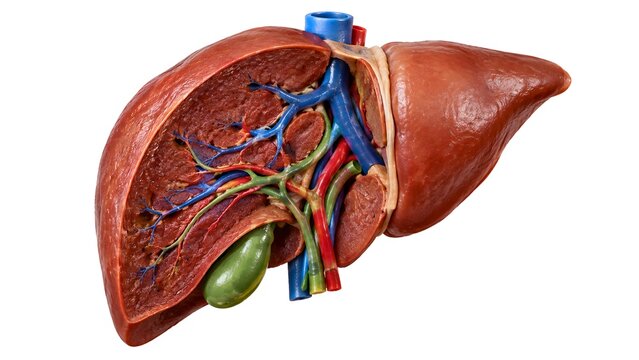 Photorealistic Human Liver Anatomical Cutaway Showing Internal Tissue, Blood Vessels, Bile Ducts and Gallbladder on White Background