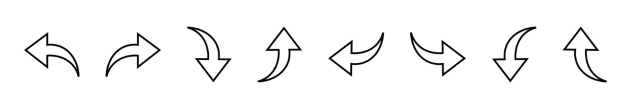 Curved direction arrow outline icon set. Featuring undo, redo, and multi-directional pointers in crisp black line outline.