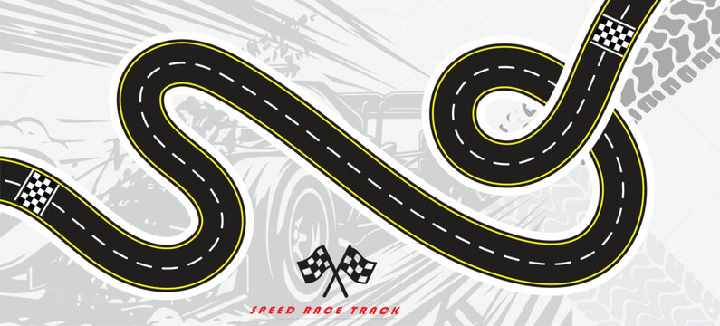Speed Race Background. Race track in black color with tyre marks and city map on a white background.
