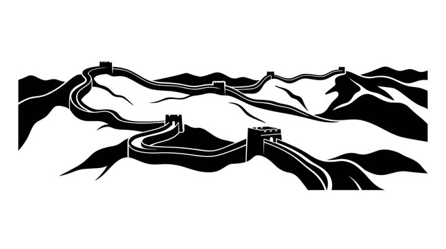 Minimalist black silhouette vector illustration of the Great Wall of China winding across mountain ridges with traditional watchtowers and scenic peaks on a clean white background.