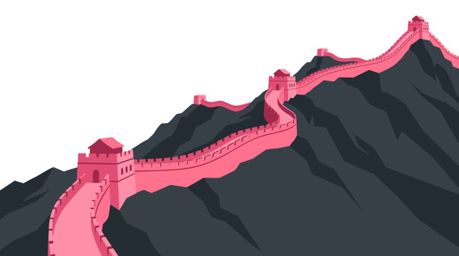 Stylized vector illustration of the Great Wall of China winding across dark mountain ridges, featuring watchtowers and a pink path set against a clean white background.