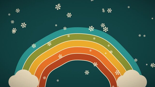 Retro rainbow arches glow as delicate snowflakes drift across a colorful winter background in a seamless 4K loop.