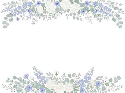 Watercolor soft blue and white rose floral top header and bottom footer frame isolated on white background.