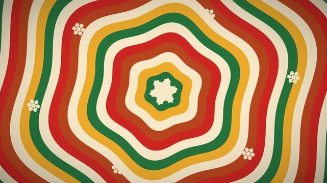 Concentric snowflake flowers pulse and rotate in a groovy 1970s pattern with warm holiday colors in a seamless 4K loop.