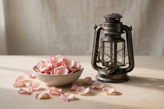 Rose Petals in a Small Bowl Beside an Unlit Lantern