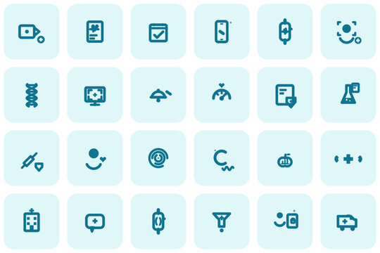 Healthtech app icons set &mdash; digital healthcare app icon tiles, medical mobile icons bundle
