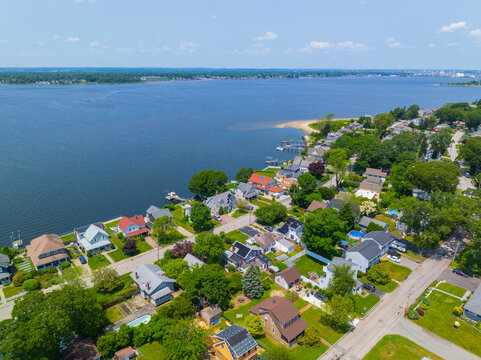 Providence River aerial view from Bullock Point in East Providence, with Warwick city across the river, East Providence, Rhode Island RI, USA. 