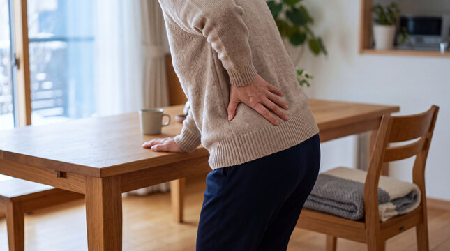 自宅のダイニングで腰を押さえる女性と日常生活における腰痛のイメージ