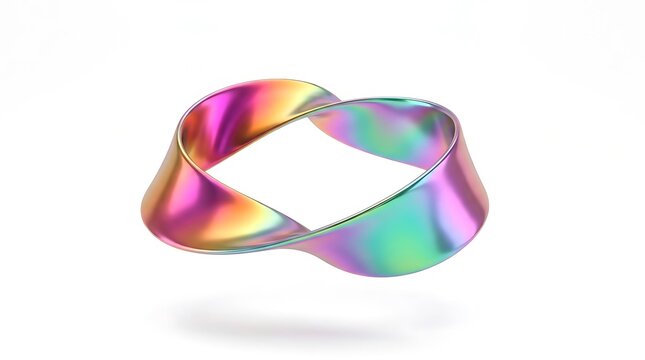 Floating Iridescent Rainbow Metallic Mobius Strip Infinity Loop Ribbon on Pure White Background