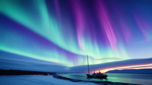 Below, a sailboat rests calmly at the water's edge near a snowy shore, creating a peaceful and magical atmosphere in the polar wilderness.