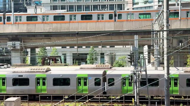 Chuo Line and Yamanote Line Trains on Multi-Level Tracks Near Tokyo Station