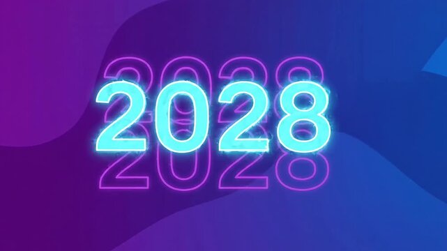 Neon number 2028 glowing against blue and purple abstract background