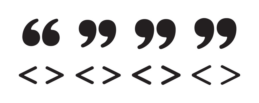 Black quotation marks and angle bracket icons set for typography design and website development use.