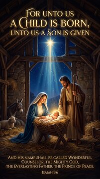 Nativity Scene with Holy Family Mary Joseph and Baby Jesus in Stable under Star of Bethlehem with Scripture