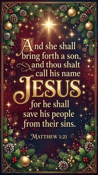 Christmas Nativity Scene with Bible Verse Matthew 1:21 Celebrating Jesus Birth and Salvation