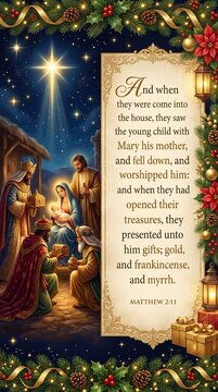 Nativity Scene with Three Wise Men Presenting Gifts to Baby Jesus Under the Star of Bethlehem