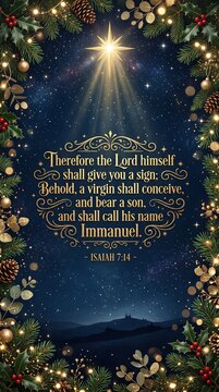 Christmas Nativity Star Isaiah 7 14 Immanuel Verse Decorative Border with Lights and Pine Cones