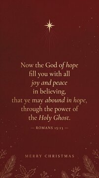 Merry Christmas greeting with Romans 15 13 Bible verse and festive holiday decorations