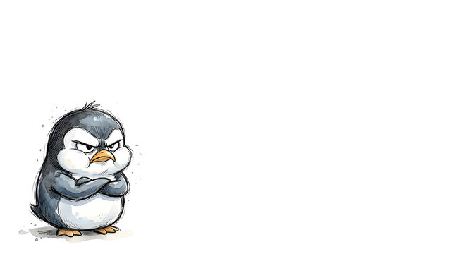 Hilarious grumpy cartoon penguin with a deep frown, narrowed eyes, crossed wings and puffed cheeks, cute stubborn personality, expressive hand drawn sketch style, soft watercolor accents, pure white 