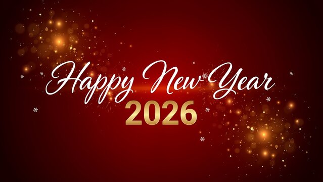 Happy new year 2026 greeting with white calligraphy text on a dark red background, with golden sparkling, lights and snowflakes