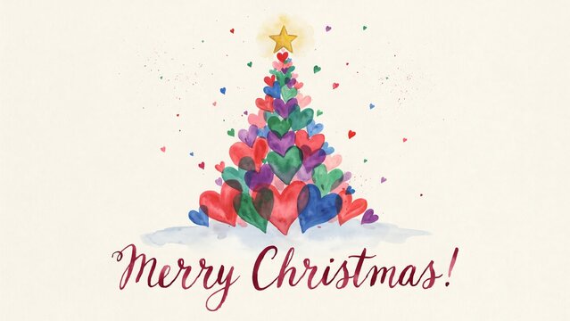 Merry christmas greeting card featuring a watercolor christmas tree made of colorful hearts on a cream background