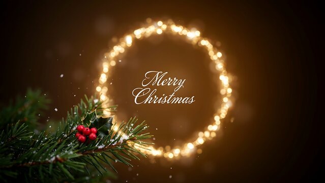Merry christmas greeting text inside a glowing golden light ring with a pine branch, holly berries, and snow on a dark brown