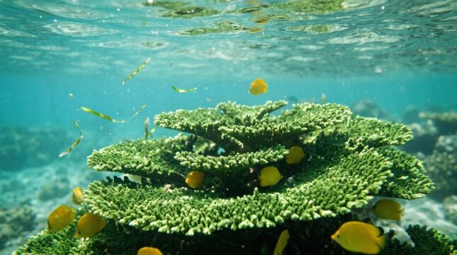 Vivid emerald table coral thriving under shallow turquoise water with schooling yellow butterflyfish and floating seagrass in midday sun.