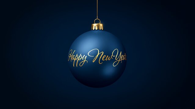 Single blue christmas bauble hanging with golden happy new year text on a dark blue background, for holiday celebration