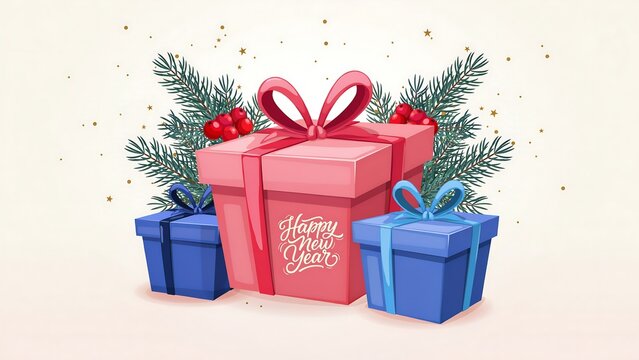 Three gift boxes in pink and blue with pine branches and red berries on a light background, for holiday celebration