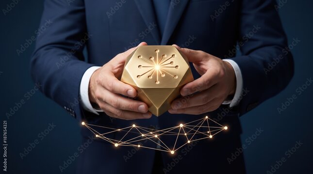 Man in suit holding golden hexagonal cryptocurrency block with glowing circuit, blockchain technology concept, Bitcoin mining, digital asset management, fintech innovation