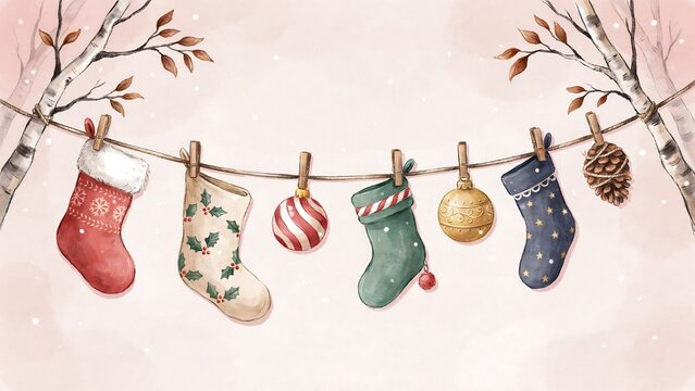 Watercolor christmas stockings and ornaments hanging on a rope against a soft pink winter background, with birch tree branches