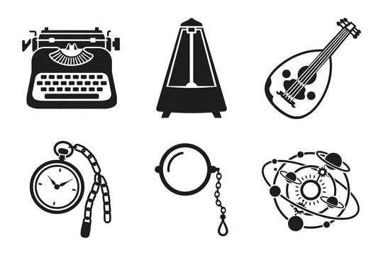 Vintage antiques music and astronomy icon set featuring retro typewriter metronome acoustic lute pocket watch monocle glass and solar system orbit isolated on white background