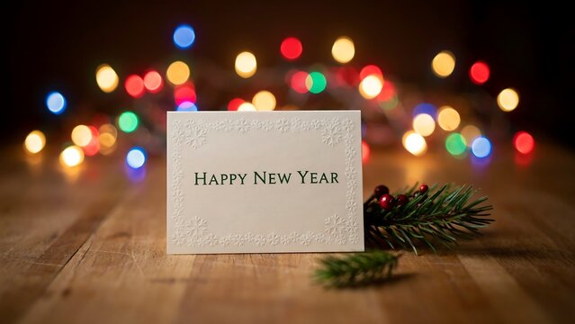White holiday greeting card with snowflake pattern on a wooden table with pine branches and colorful bokeh lights background