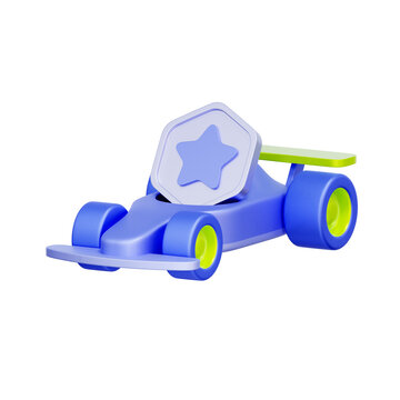 3D illustration of toy race car carrying hexagonal star token for fast progress, speed reward, gamification, rapid point collection, loyalty program acceleration, and digital delivery.